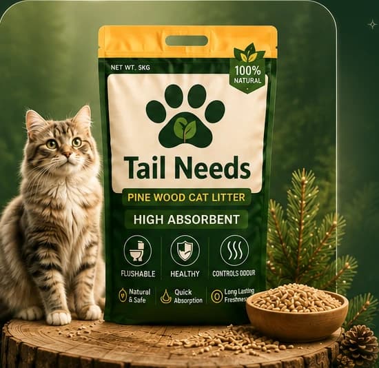 Cat sitting on a wooden stump in a pine forest beside the Tail Needs bag with a bowl of pellets and pine cones